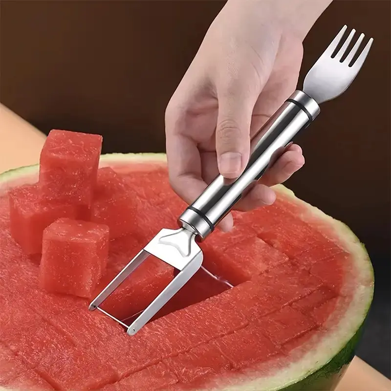 Stainless Steel 2-in-1 Watermelon Cutter-Fork, 1-Press Melon Slicing Tool, Ideal for Summer BBQ & Camping Specialty Kitchen Utensil