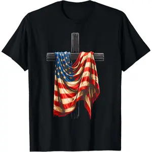 Men's Christian Patriot Graphic T-Shirt with USA Flag, Casual Short Sleeve Top in 100% Natural Cotton for 4th of July