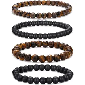 Mens Bead Bracelet Set - Adjustable Elastic Rope With 6&8MM Natural Stone Multi-Colored Beads - Tiger Eye Bracelets for Men - Gift
