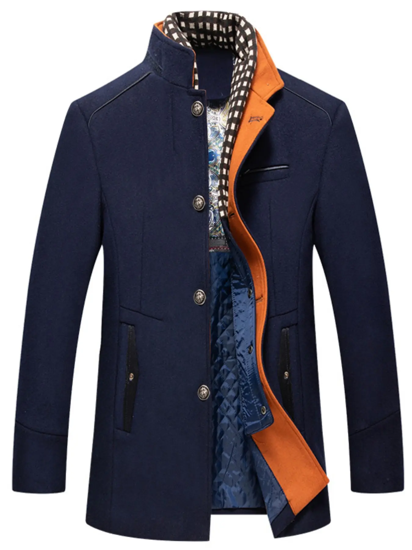 Men's Fashion Double Collar Mixed Fiber Long Coat, Zipper and Pocket Design, Warm Durable, Suitable for Business or Casual Autumn/Winter Elegant blended raincoat men with scarf embellishments - windproof, warm, stylish, suitable winter business