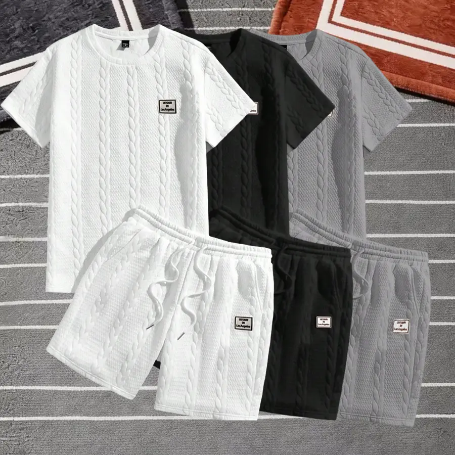 Men’s solid textured patched tee and drawstring waist shorts set, regular fit casual crew neck short-sleeve T-shirt and pocket shorts, men’s summer clothing, casual outfit set, Menswear, Basic