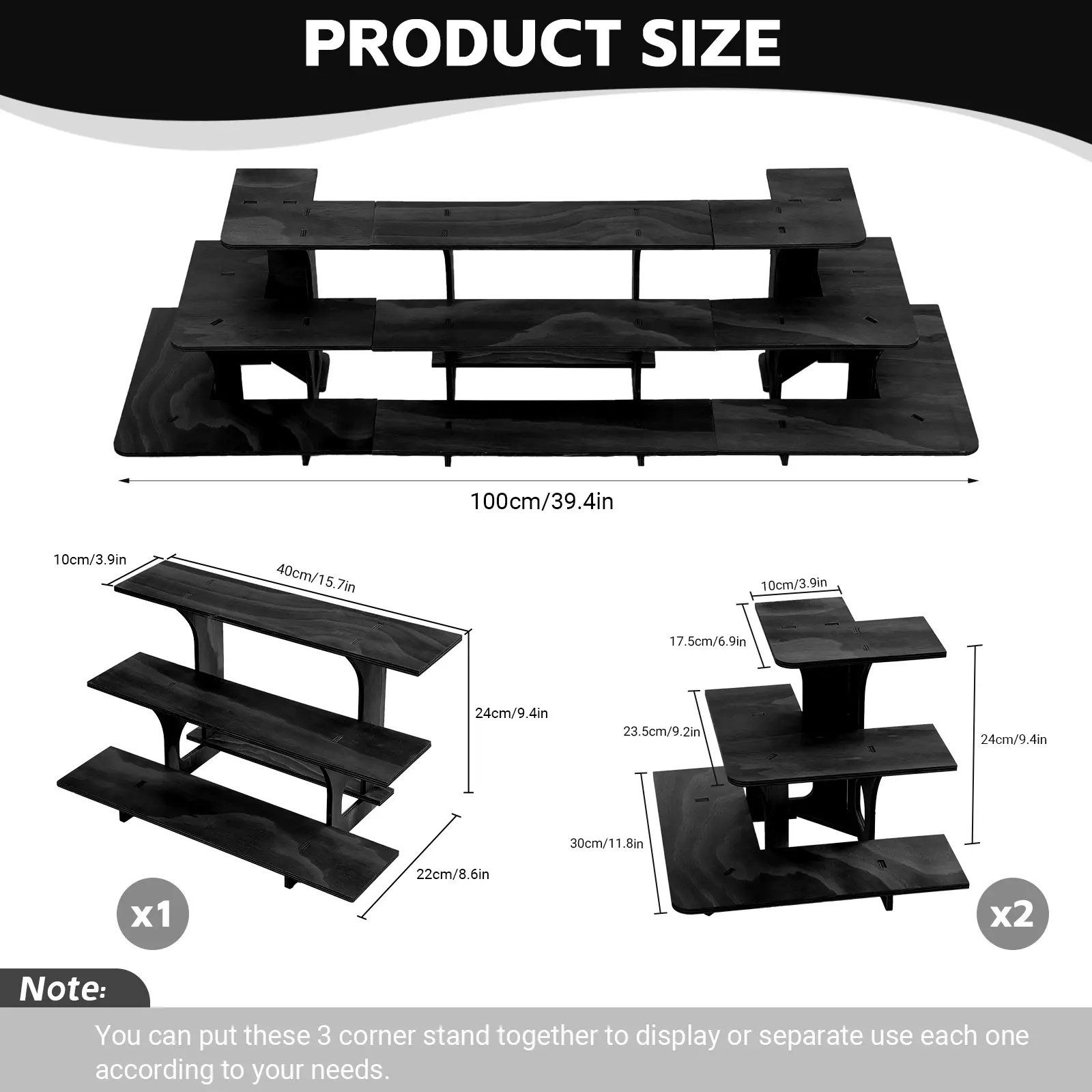 BEKRVIO-Portable 3-Tier Wooden Black Table Display Stand 3pcs Heavy-Duty with Corner Shelves, Multi-Tier Shelf for Wedding, Craft Shows, Farmers Market, Trade Shows, Walnut Cake Stand, Counter Display Rack, Figure & Product Stand