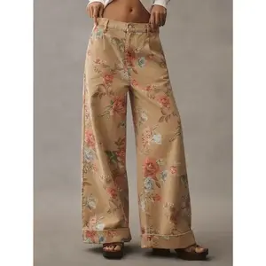 Khaki yellow printed wide leg jeans, double rolled hem, front zipper closure, all season regular denim bottoms Bohemian pants women's clothingRAIMENTRY