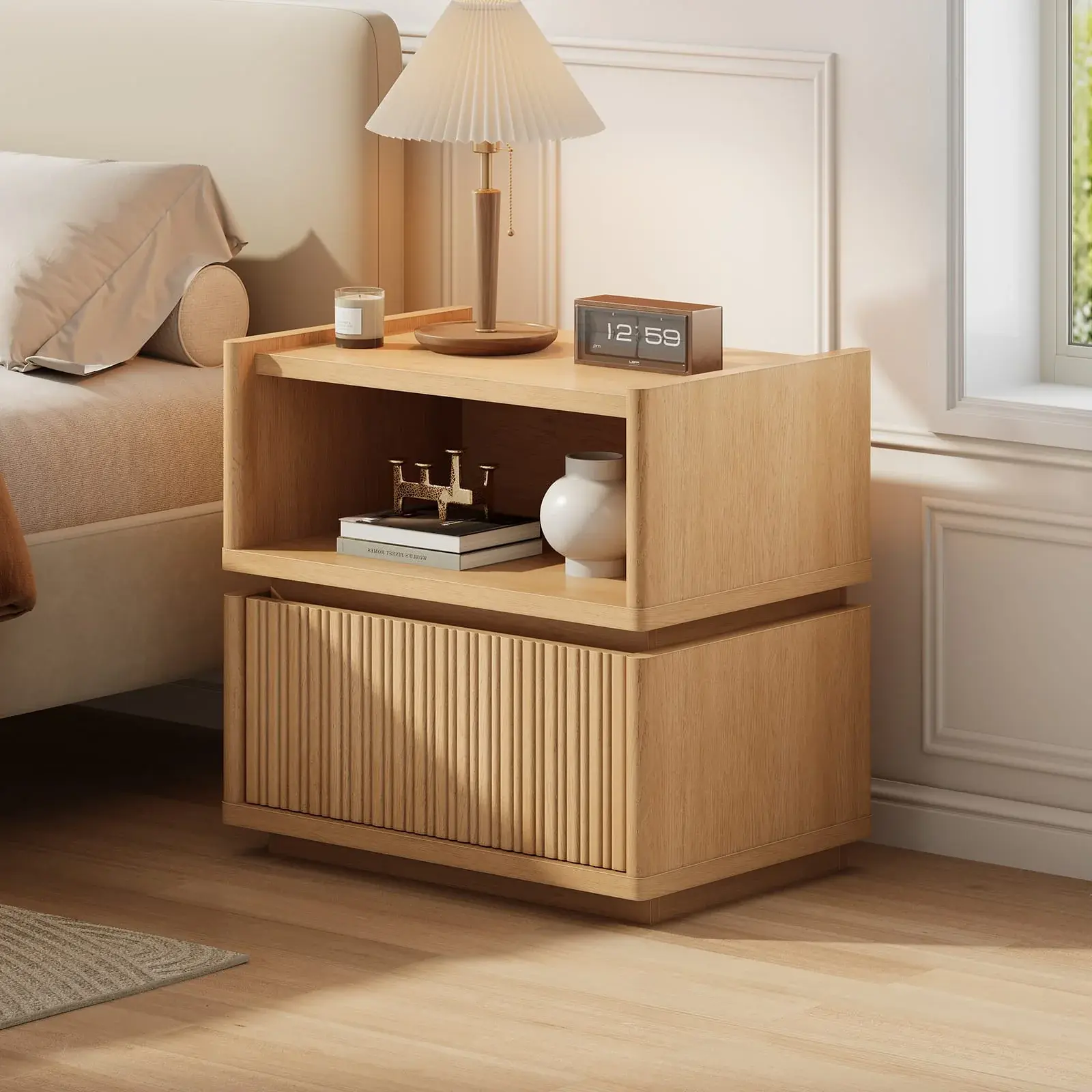 Sikaic Modular Rattan Modern Nightstand - Wavy Panel Design, Natural Oak Bed Side Table, Adaptive Bedroom Furniture, Nightstand Bedside Table for Indoor Use
