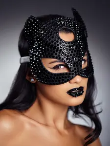 DNS WEAR BLACK Midnight Disco Cat Mask: Handmade Crystal Rhinestone Leather Accessory