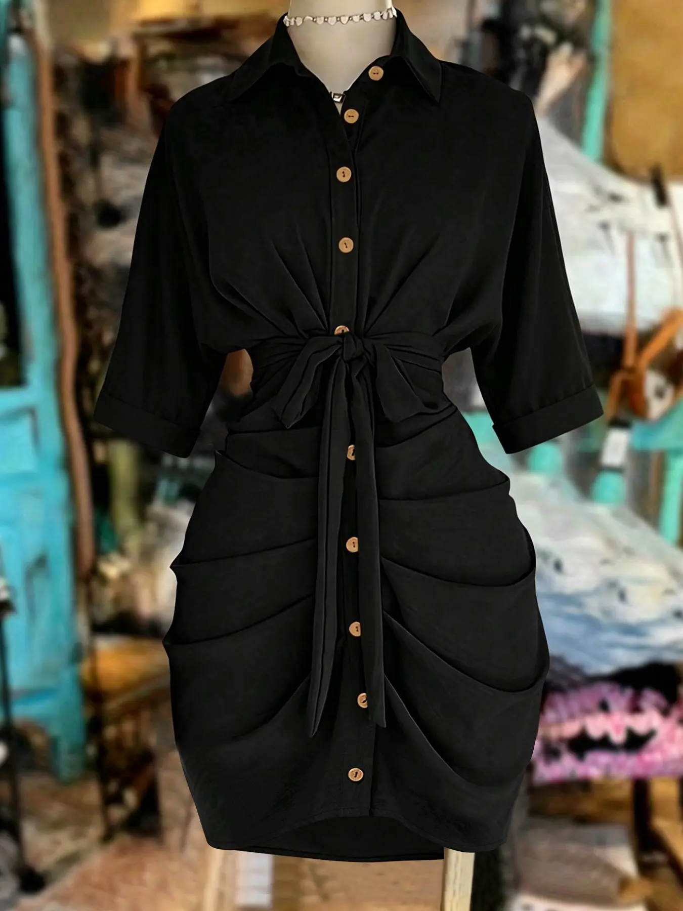 Vintage Style Aesthetic Ruched Half-Sleeve Batwing Button Dress, Elegant Knee-Length Plain Design, Waist-Tied Bodycon Skirt, Summer New Arrival, Perfect for Dates and Gatherings