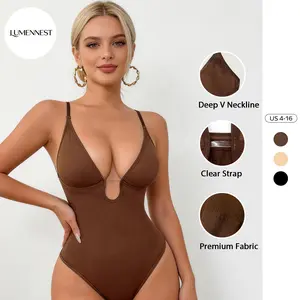 LUMENNEST Women's Elegant Solid Color Deep V Neckline Seamless Breathable Bodysuit, Skin-Friendly Thin Strap Shapewear, Stretchy Sport & Outdoor Clothing