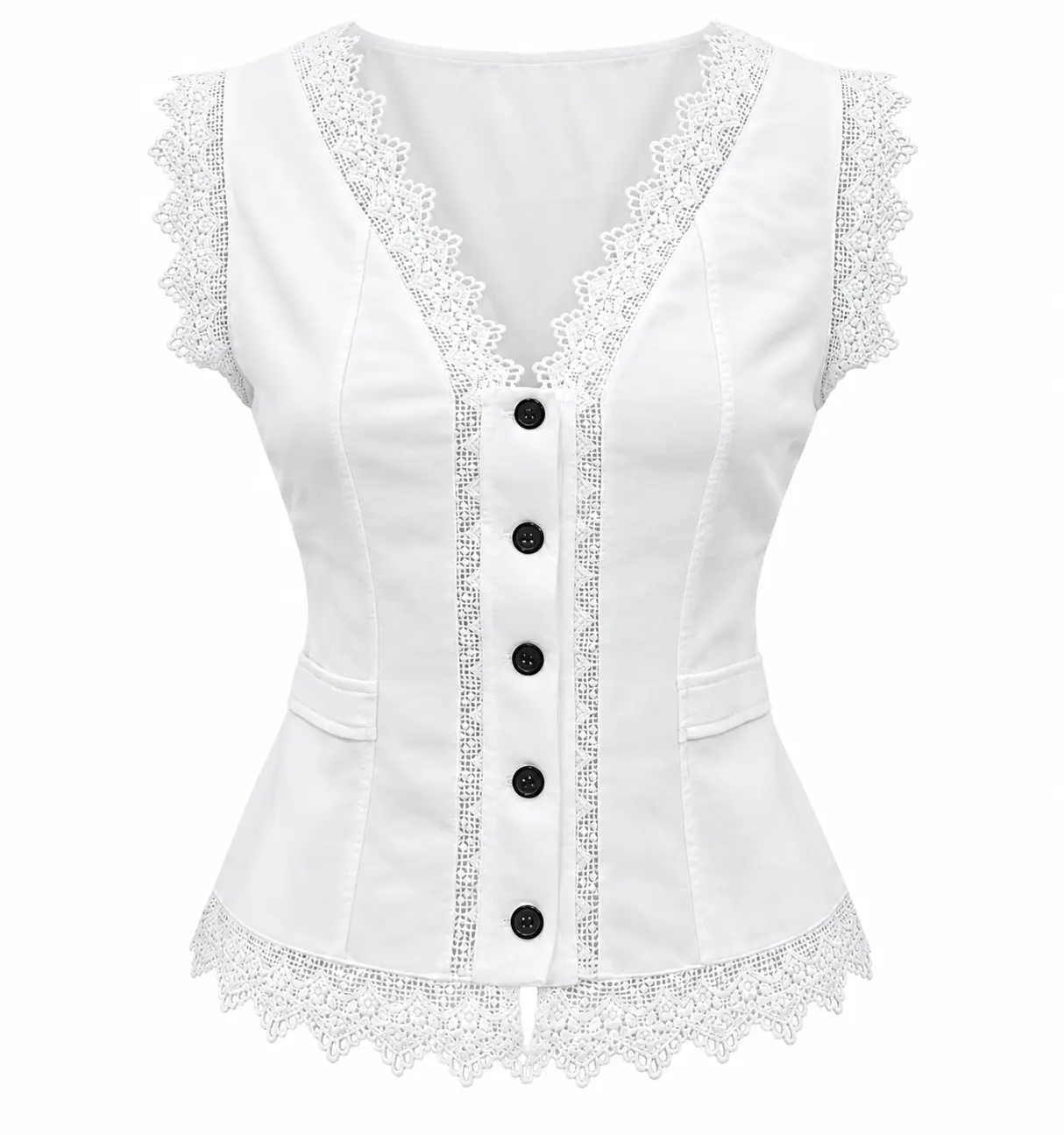 Y2K White Scalloped Lace Trim Sleeveless Waistcoat Women Deep V Neck Button Front Slim Fit Cropped Corset Vest Casual Streetwear Tank Top