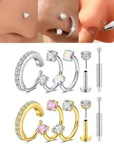 Cz Horseshoe Nose Ring Set, Hypoallergenic Stainless Steel 20g, Inner Thread and Post Design, for Nose, Cartilage, Earlobe, Lip Piercings