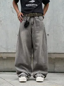 1 Piece Men's Dark Gray Casual Streetwear Fashion Loose Straight-Leg Jeans. Solid-Color Plain Dark Washed Gray Loose Denim Pants, Perfect for Men's Daily Wear.