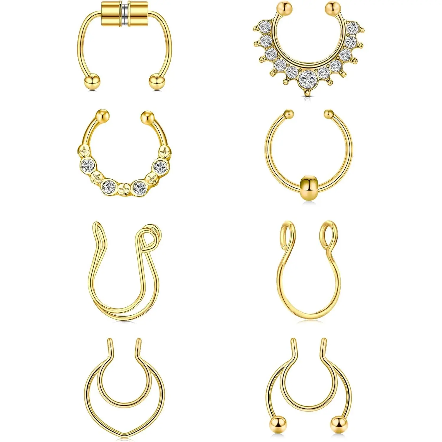 Faux Septum Nose Rings - Clip on Septum Ring, Non Piercing Fake Nose Jewelry - Silver, Gold, Black