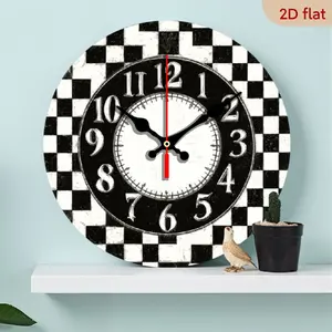10-inch Rustic Wall Clock - Buffalo Black & White Plaid Wood Round Silent Non-Ticking Battery- Retro Decorative Clock Suitable for Home, Cafe, Office - Unique Gift Idea for &, 2D Flat