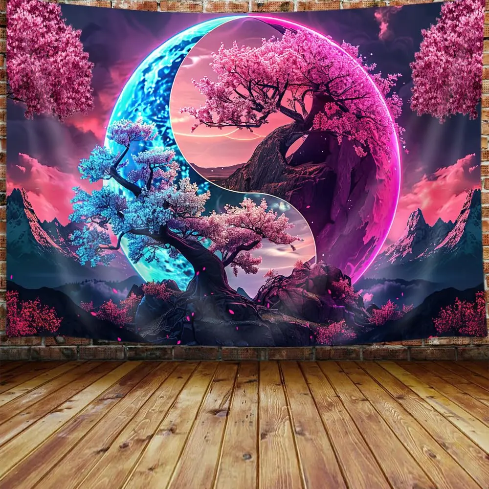 2D Flat Yin Yang Tapestry Wall Hanging - Vertical Sun Moon Galaxy Design, Asian Zen Wall Art, Romantic Bedroom Accessories, Cool Room Decor, Decoration for Bedroom, Living Room, Outdoor Porch Door, Artwork Tapestries, Asian Style Tapestries