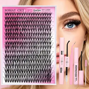SOSIAY CICI DIY Lash Clusters Kit, 320PCS / 80D+100D Thick Wispy Individual Lashes, Waterproof Bond&Seal Lash Glue, Remover & Tweezers Set, Beginner Friendly At Home Eyelash Extension Gift