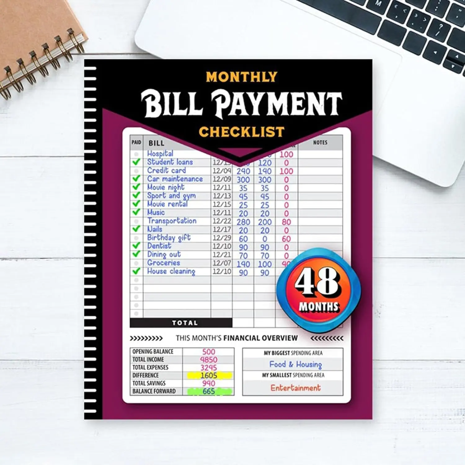 Bill Payment Tracker & Budget Planner Notebook – 4-Year / 48-Month Financial Organizer with 960 Records for Expense Tracking, Debt Payoff, Bank Accounts, Monthly Bill Checklist, Money Management for Families, Personal & Household Finance, Daily Planner