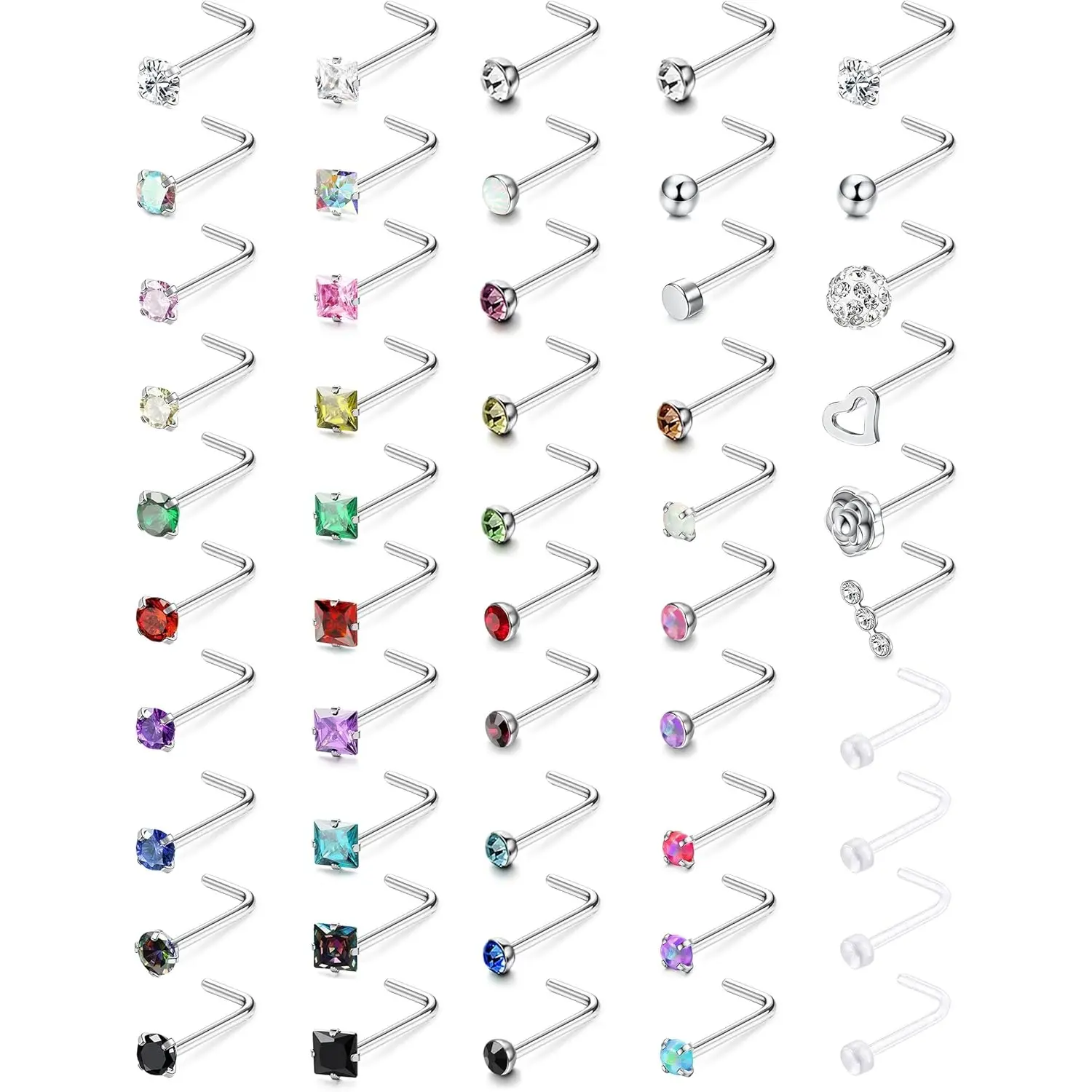 FIASASO 50Pcs 20G Hypoallergenic Surgical Steel Unisex L-Shaped Nose Piercing Jewelry Set, CZ Opal Heart Shapes Nose Studs, Body Piercings Set for Daily Wear