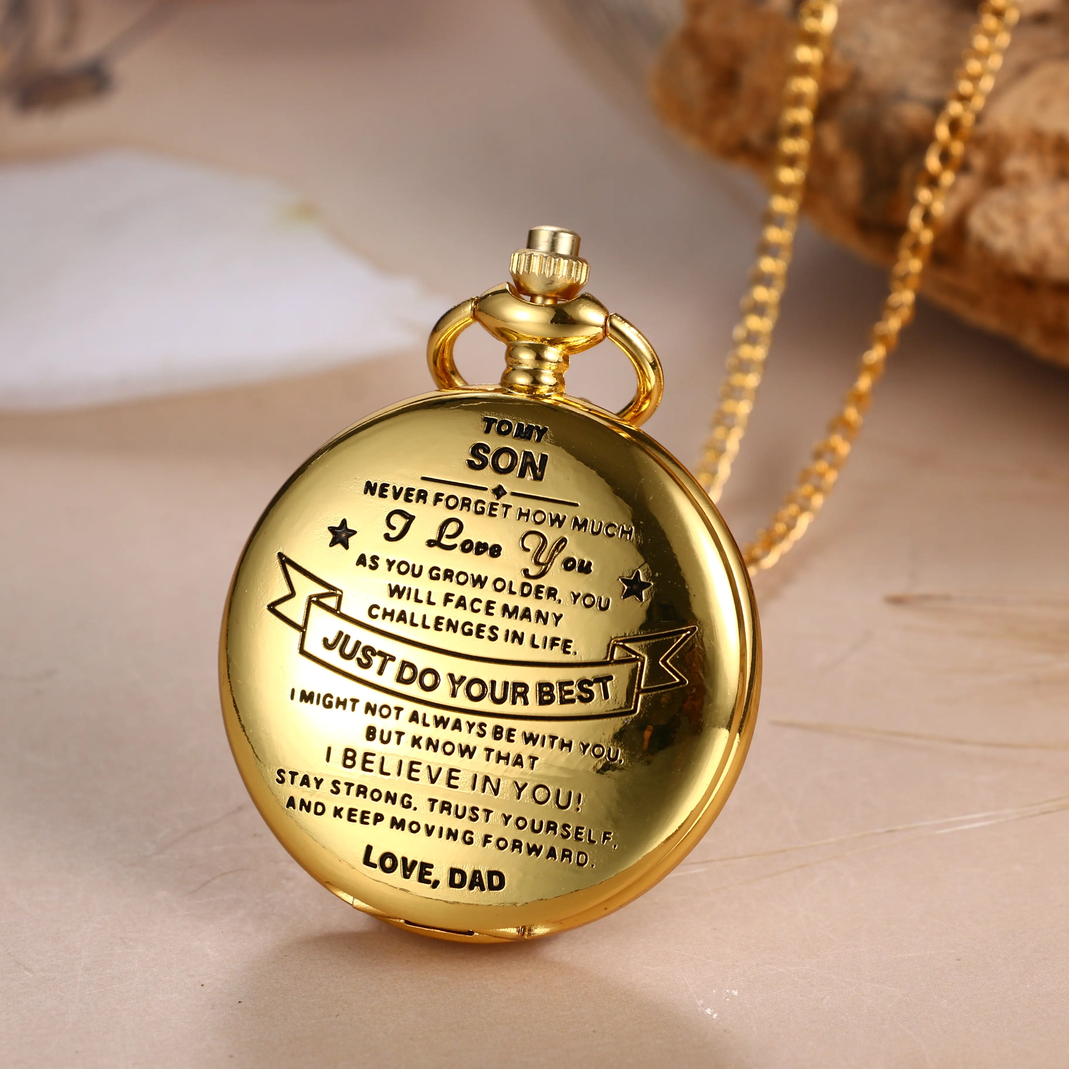 Custom Engraved Pocket Watch for Son, Vintage Gold Style Necklace from Dad, Sentimental Keepsake Gift for Graduation & Birthday, Custom Engraved Pocket & Fob Watches, Classic Watch, Metal Series Pocket & Fob Watches