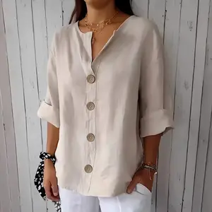 Women's V-Neck Cotton Linen Shirt Blouse 3/4 Roll-up Sleeve Spring and Summer Casual Loose Solid Color Shirt Blouse with Buttons