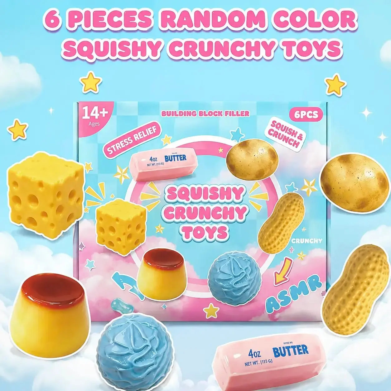 6‑Piece Squishy Crunchy Stress Relief Fidget Toys, ASMR Squeeze Sensory Decompression Toys, Relaxing Unique Stress Ball Party Gifts, Sensory Room Supplies, 6 Different Food‑Shaped Styles, Novelty Holiday Gifts