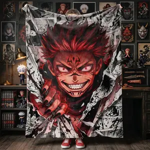 Ryomen Sukuna Jujutsu Kaisen Blanket, Manga Collage & Blood Splatter Flannel Throw, Cozy Anime Blanket for Bedroom & Gaming Setup, JJK Fan Gift