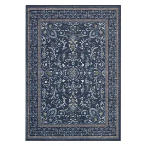 GARVEE Rugs for Living Room 9x12 Washable Large Area Rug Soft Printed Vintage Floral Low Pile Area Rugs Non Slip Soft Indoor Bedroom Carpets for Laundry Room Playroom Moroccan Carpet Dark Blue
