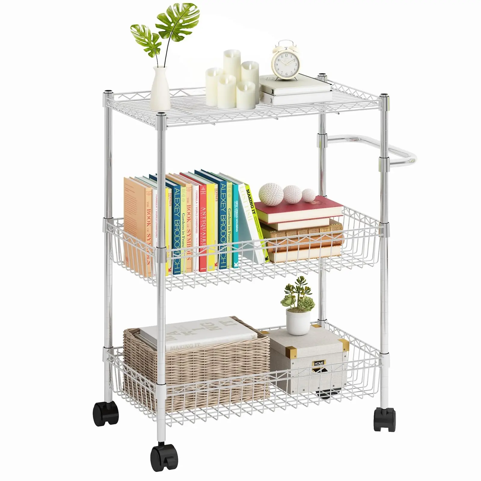 【GARVEE】3 Tier Rolling Cart, Metal Kitchen Cart On Wheels with Baskets, Wire Shelving Rolling Snack Storage Cart Utility Trolley with Handles for Kitchen Bathroom Office Laundry, Chrome