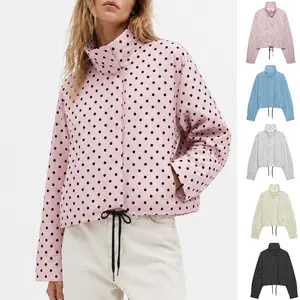 Buenoble Women’s Polka Dot Cropped Jacket Zip Up High Neck Windbreaker Lightweight Oversized Long Sleeve Track Jacket Trendy Streetwear Top