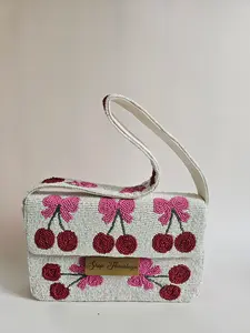 Handmade Cherry Beaded Bag Pink Bow Shoulder Clutch Compact Functional Artisan Beaded Cherry Bag with Slip On Closure