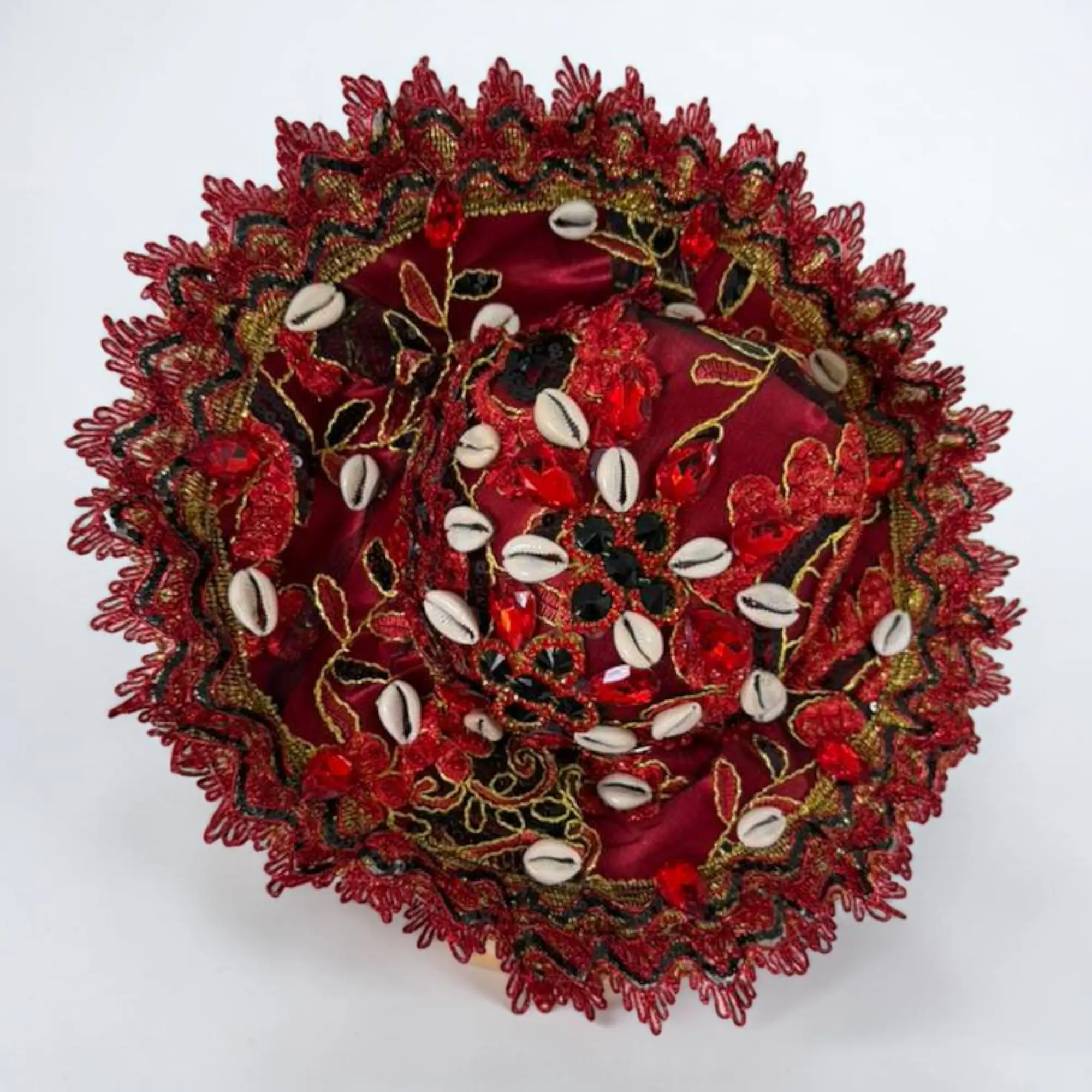 Handmade Craft Orisha Motif Elegua Santeria Hat - Red and Black Yoruba Spiritual Headpiece with Cowrie Shells, Botánica Religious Altar Decor, Ceremonial Cap