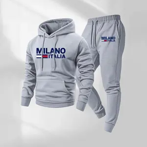 Men's MILANO Letter Pattern Print Hoodie and Drawstring Sweatpants Set, Menswear, Casual Athletic Long Sleeve Hooded Jacket & Trousers for Fall & Winter, Men's Clothing for Daily Wear, Sportswear Indoor Outdoor, Tracksuit, Athleisure