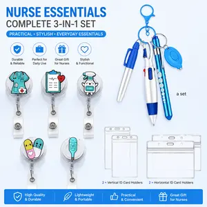 Stethoscope Design Retractable Badge Reel Set, Durable PVC Construction with Smooth Rotating ID, Includes Ballpoint Pen, Marker, ELD Light & Card Sleeve for Licensed Practical Nurses