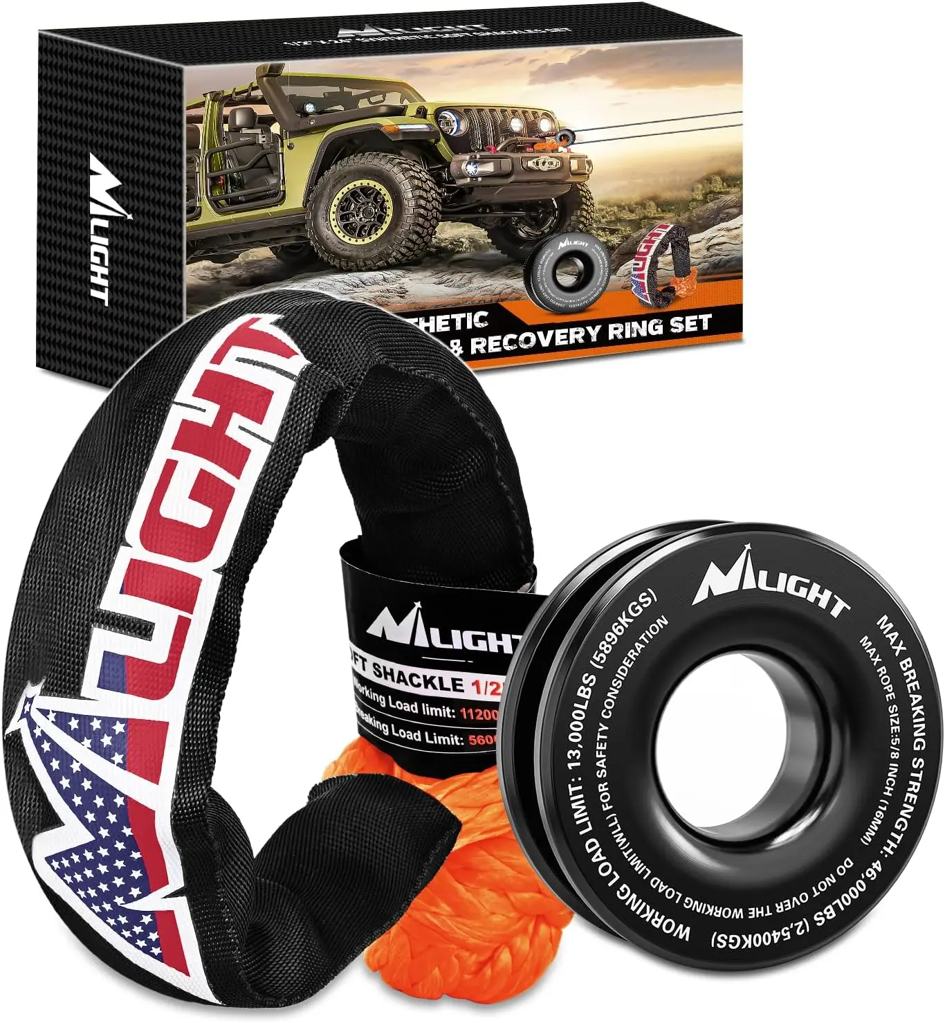 Nilight Heavy Duty Synthetic Soft Shackle & Aluminum Alloy Recovery Ring Kit - 1/2in x 24in Shackle (56000 LBS Breaking Strength), 46000 LBS MBS Snatch Ring, Compatible with Synthetic Winch Rope for Off-Road 4x4 SUV, Truck, SXS, ATV