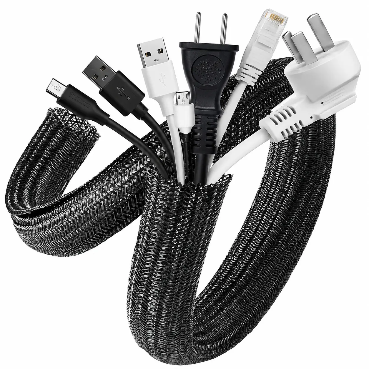 10ft Length Cable Management Sleeve, Nylon Cord Protector for Under Desk Wire Organization, Pet Proof Cable Cover for Computer, TV, Gaming Desk & Home Office,0.31 in / 0.39 in / 0.51 in / 0.63 in Black