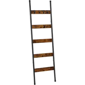 Blanket Ladder, 5-Tier Towel Rack with Hooks, Wall-Leaning Blanket Rack, Decorative Display Ladder Shelf, Scarves, Industrial, Living Room, Bedroom, Rustic Brown and Black BF52CJ01