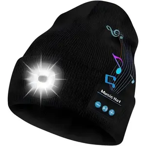 Bluetooth Beanie with Light,Unisex USB Rechargeable 4 LED Fashlight Hat with Cordless Headphones and Built-in Speaker Mic,Unique Christmas Birthday Gifts for Men Him Husband Teen Balaclava Outdoor Activities Skull Cap