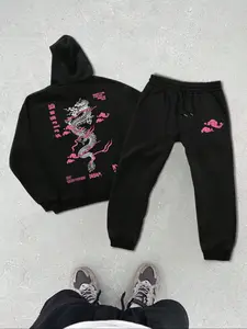 Men's Dragon Print Hoodie and Fleece Sweatpants Set, Casual Fall & Winter, Comfortable Fashion Two-Piece Set