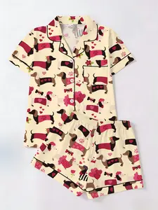 Trending Sausage Dog Print Fitted Pajama Set, Short Sleeve Tee & Shorts Two-Piece Loungewear, Comfortable Home Wear for All