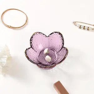 Flower Jewelry Dish Glass Ring Holder Tray Cute Makeup Storage Organizer Aesthetic Bedside Cabinet Bathroom Room Decor Gift for Women