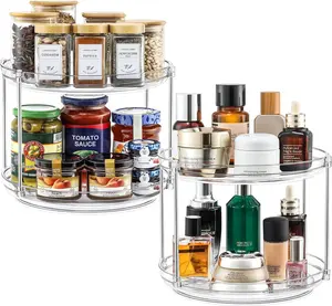 2-Tier Clear Rotating Lazy Susan, Stackable Turntable Organizer for Spices, Condiments, Cosmetics & Bathroom Essentials, Fits Cabinets & Countertops, 9.25 Inch