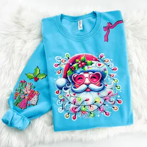 Merry & Bright Neon Santa Christmas Bows & Lights Sweatshirt or Hoodie with sleeve print Comfy Sublimation Tops Menswear Unisex Oversized Pullover
