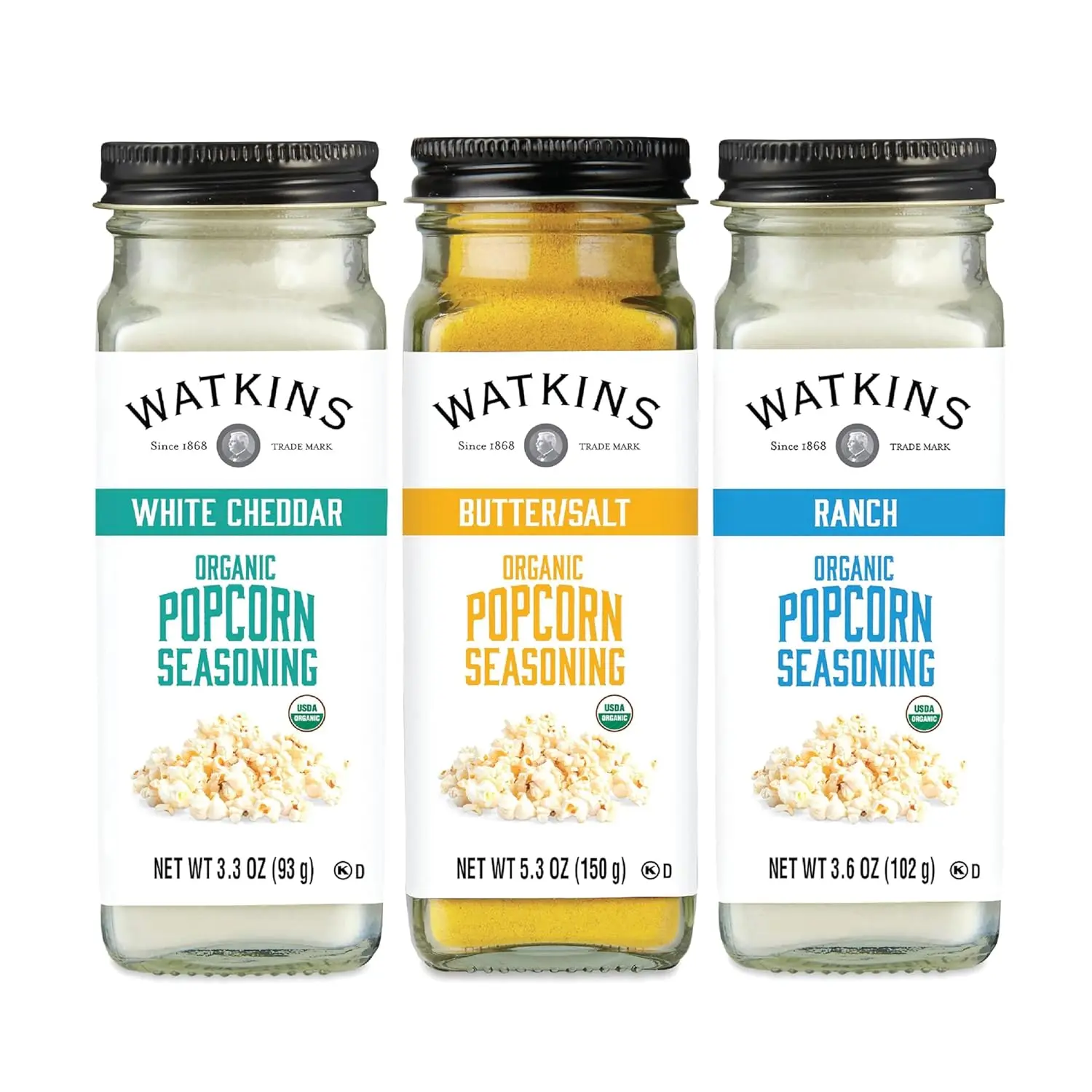 Watkins Organic Premium Popcorn Spice Combo Pack Multi-Flavor Variety Pack, 3-Pack White Cheddar,  Butter/Salt, Ranch Flavor