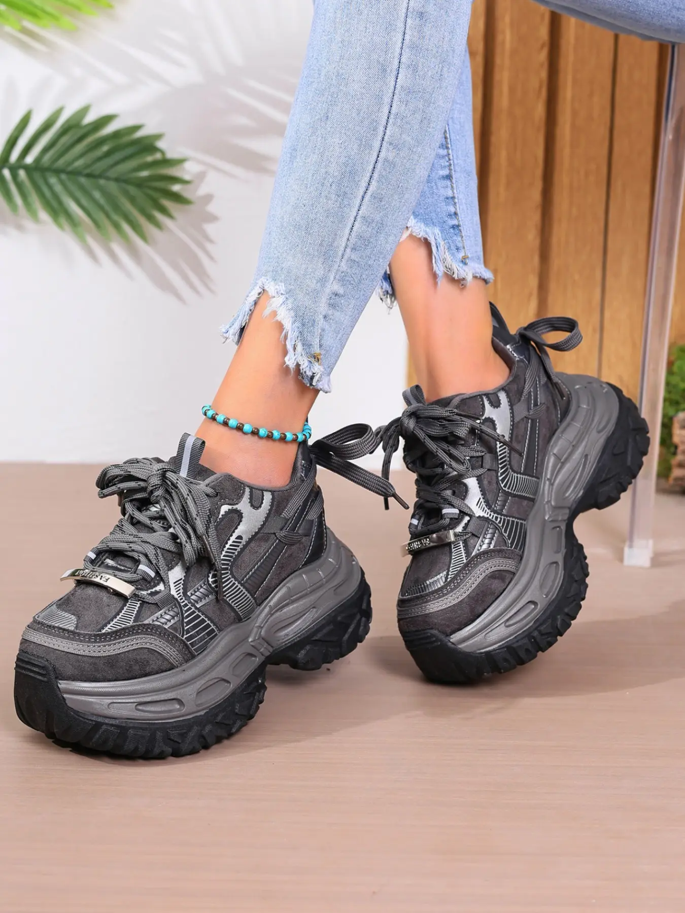 Women's Patchwork Heavy‑Duty Platform Dad Trainer Shoes Height‑Increasing Non‑Slip Lace‑up Breathable Athletic Casual All Seasons Sneaker