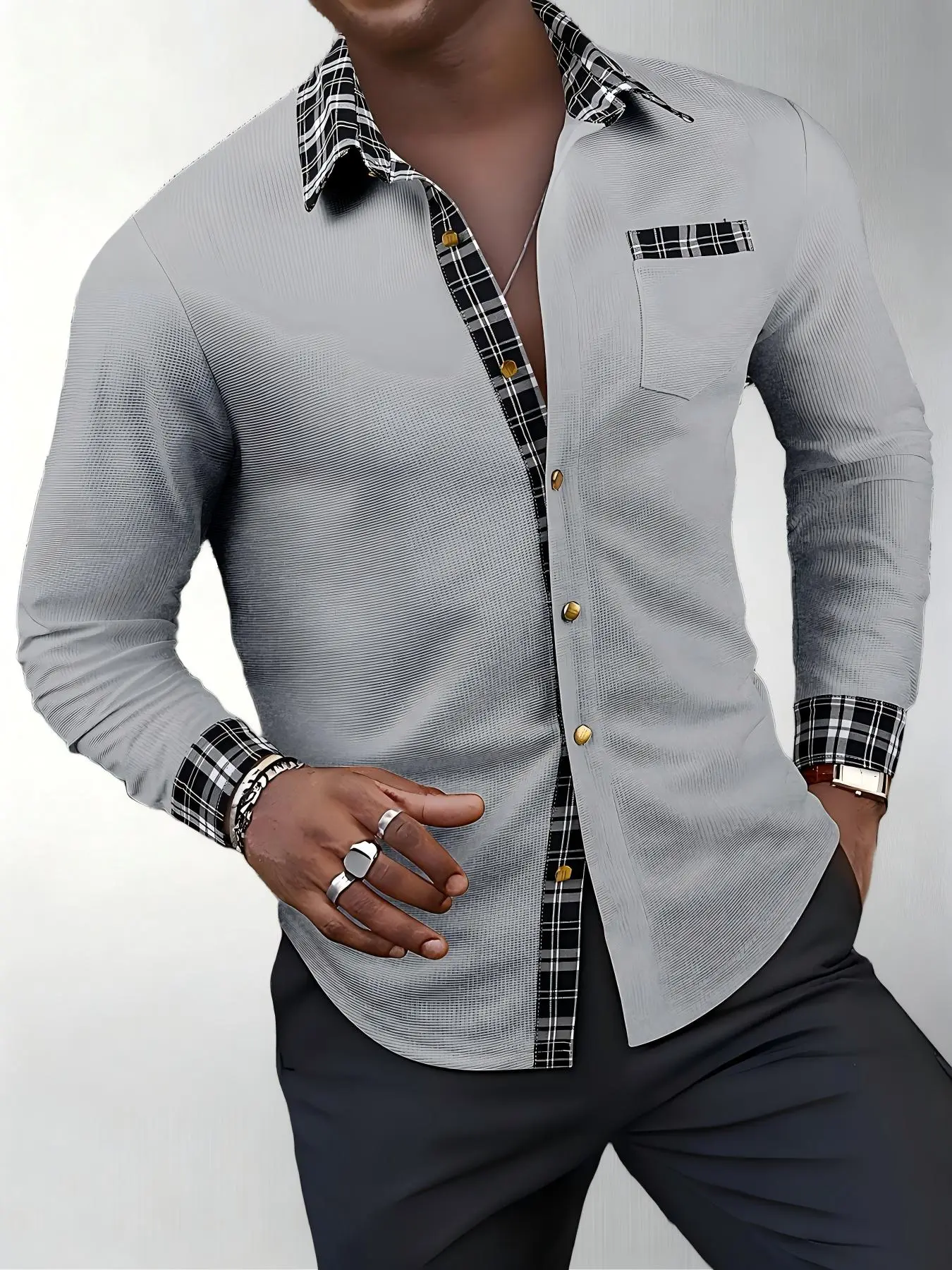 Men's Casual Waffle Knit Shirt, Long Sleeve Button-Up Tops with a Textured Contrast Panel for Outdoor Wear, Menswear, Longsleeves, Wardrobe Staples