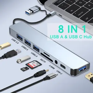 USB-C HUB Adapter USB C Dongle USB 3.0 with SD/TF Card Reader, 3.5mm Headphone Jack, 8-In-1 Distributor USB Extension Compatible with Macbook Pro/air/xps/surface
