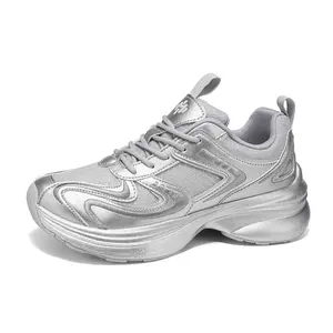 Men & Women’s Metallic Wave Chunky Sneakers - Shiny Faux Leather & Mesh Panel, Cushioned Stacked Sole | Futuristic Y2K Streetwear Casual Trainers for Daily Fashion Outfits  Walking Shoes