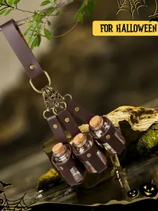 1Set of Witch Potion Glass Bottle with Cork Stopper and PU Leather Strap, Suitable for Men & Women, Cosplay Prop in Brown or Black - Medieval Halloween Accessory Party Accessories Photo Prop
