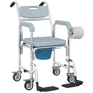 HOMCOM Shower Chair with Wheels 4 in 1, Bedside Commode Wheelchair with Seat, Backrest, Arms, Shower Commode Chair for Seniors, Adults, Injured or Disabled, Black