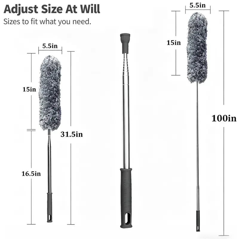 Microfiber Duster with Extension Pole,Adjustable Stainless Steel Long Dusters for Cleaning, Bendable & Washable Extendable Duster for Ceiling Fans,Blinds,Cars and Furniture.