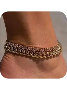 Chunky Cuban Link Chain Anklet for Women, Waterproof Adjustable Length 8.5+2 Inch, Stainless Steel Tarnish Resistant Anklet, Fashion Chic Trendy Layered Anklet Set, Non-fade Beach Daily Wear Anklet Jewelry Gift for Girls