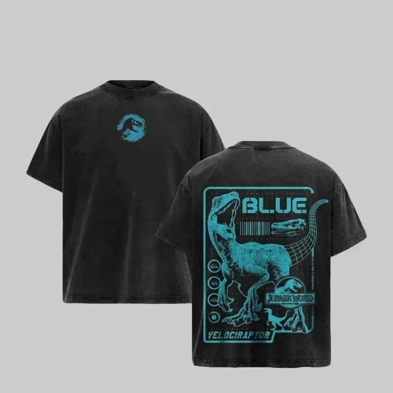 Men's Vintage Jurassic World V4 Graphic Techwear T-Shirt - Round Neck, Loose-Fit Shortsleeve, Classic Cotton, Asymmetric Menswear Top, Casual, Fake Pockets, Full Print, Hangable, Retro Movie Fan Gift Apparel